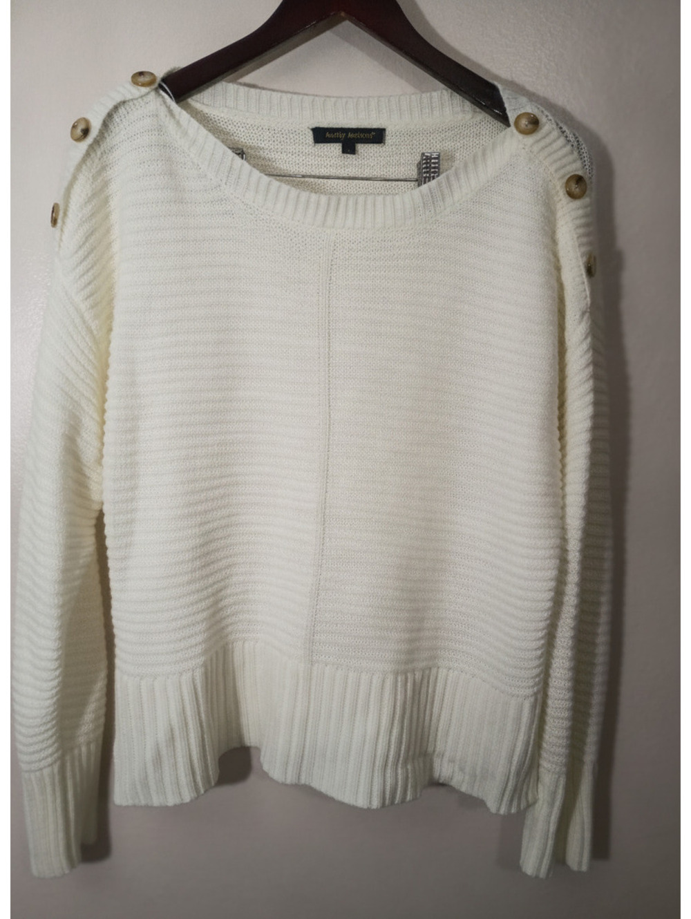 Kathy Ireland Women's White Acrylic Knit Pullover Sweater with Button Detail, L